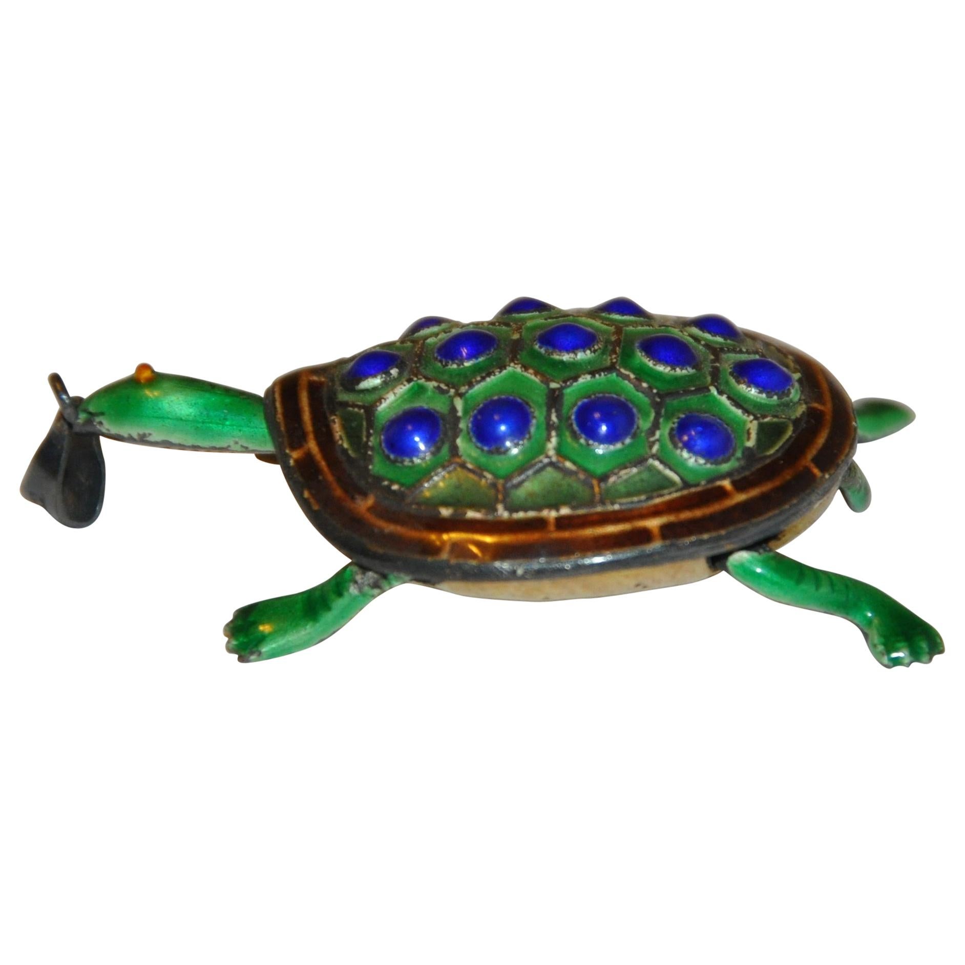 Silver-Based with Lapis-Blue & Sea-Green Baked Enamel "Movable Turtle" Pendant For Sale