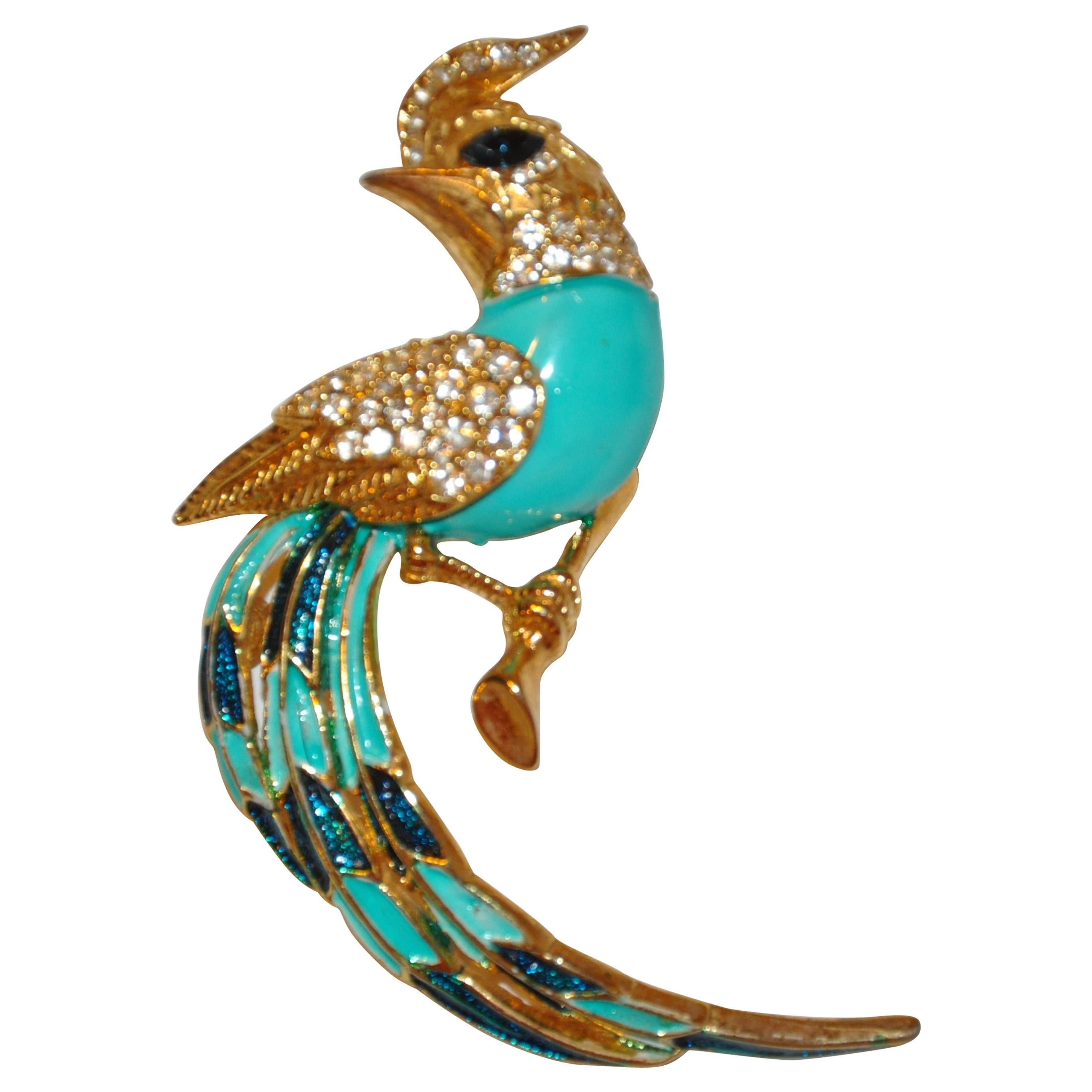 Whimsical Gilded Gold Vermeil Hardware "Bird of Fancy" Turquoise Accents Brooch For Sale