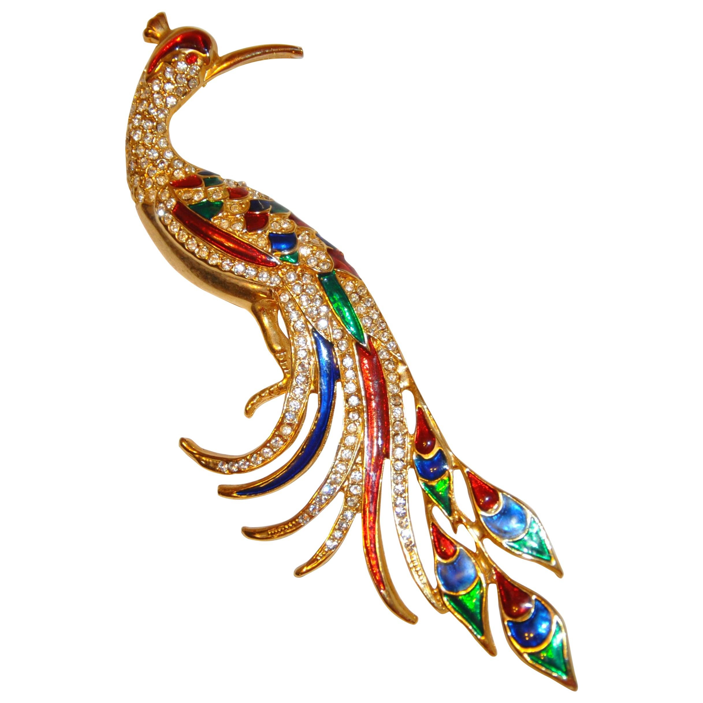 Magnifique broche « Paon » en émail multicolore et faux diamants en vente