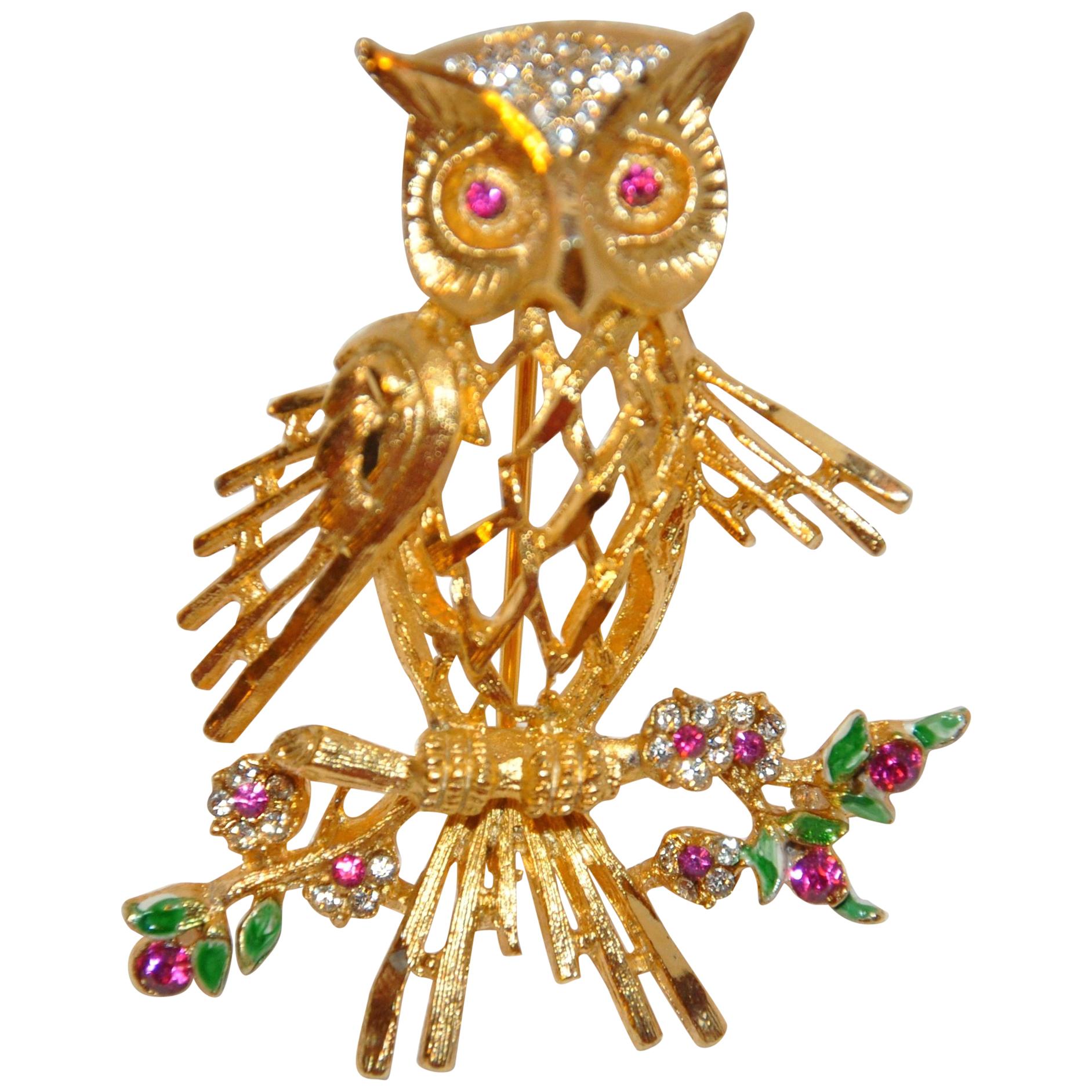 BSK Gilded Gold Vermeil Hardware Filigree "Owl Among Floral" Brooch For Sale