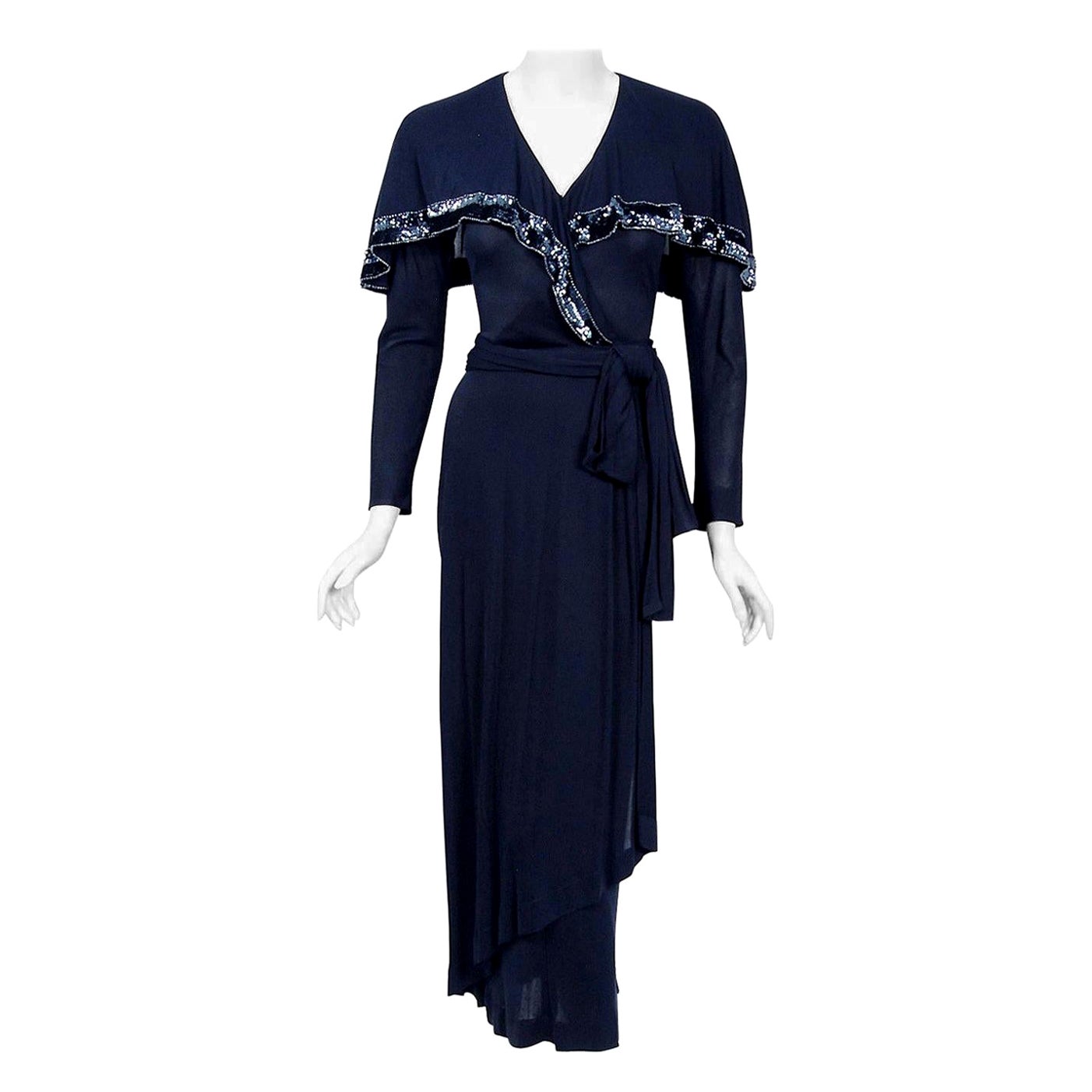 Vintage 1970's Jean Muir Beaded Sequin Navy Jersey Capelet Plunge Dress w/Tags For Sale