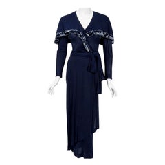 Vintage 1970's Jean Muir Beaded Sequin Navy Jersey Capelet Plunge Dress w/Tags