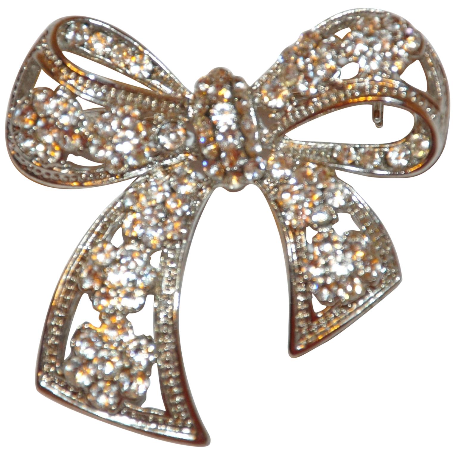 Polished Silver Hardware "Floral Bow" with Faux Diamonds Brooch