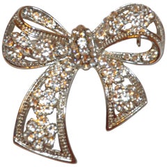 Vintage Polished Silver Hardware "Floral Bow" with Faux Diamonds Brooch