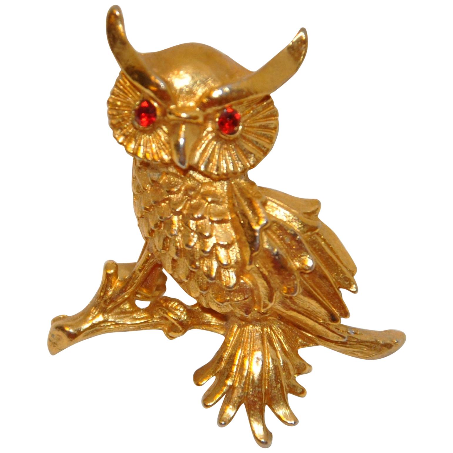 Gilded Gold Vermeil Hardware "Owl" Brooch with Ruby-Like Eyes For Sale