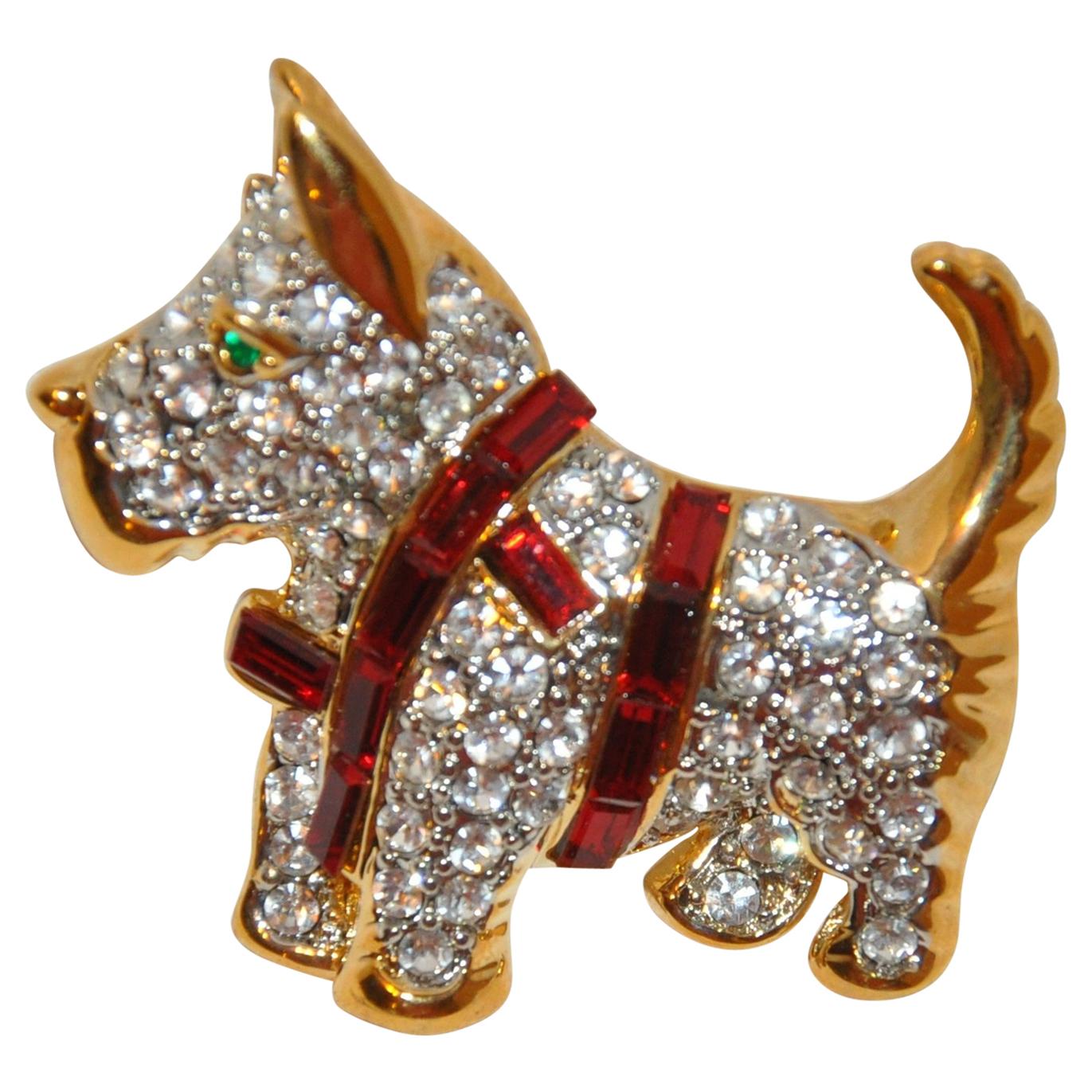 Whimsical Gilded Gold Vermeil Hardware "Scottie with Red Harness" Brooch