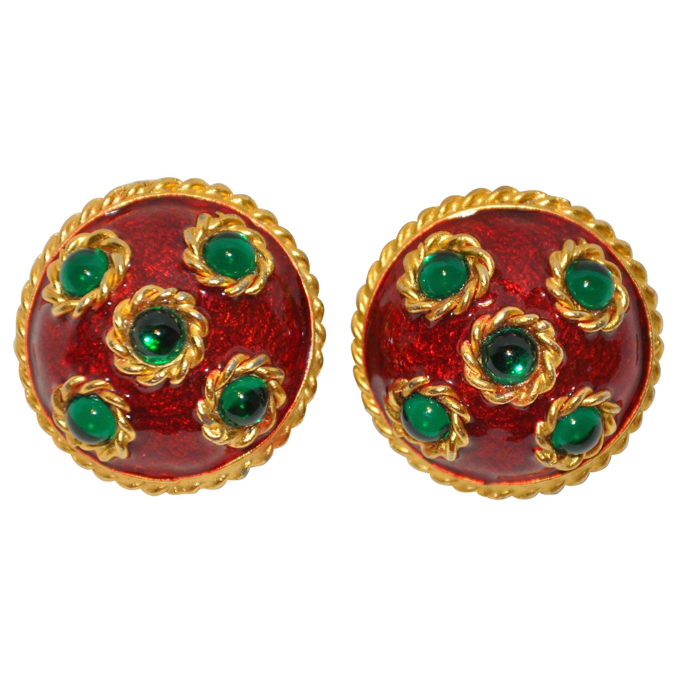 Yosca Gilded Gold Vermeil Hardware with Pour Glass and Deep-Wine Enamel Earrings For Sale