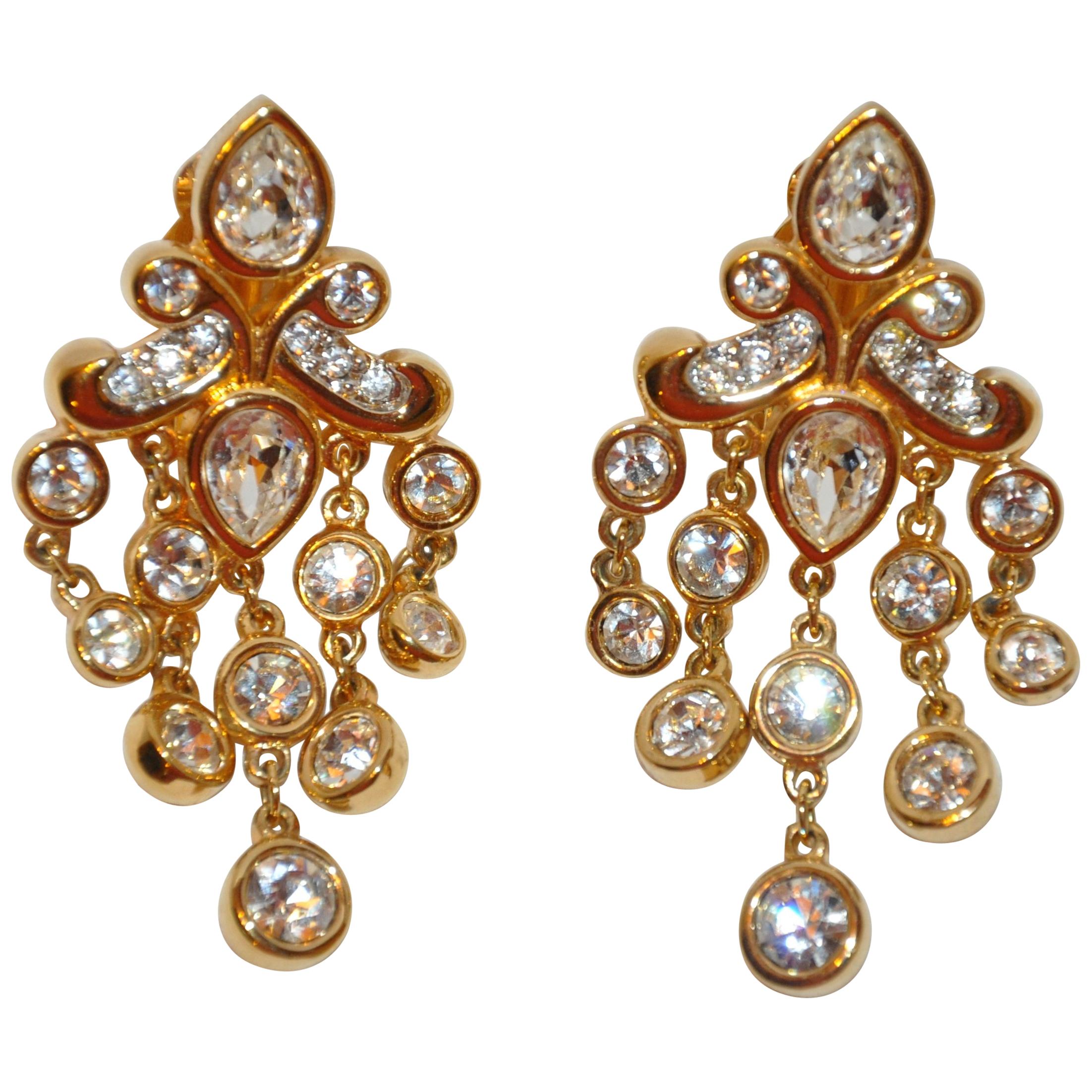 Polished Gilded Gold Vermeil Hardware "Chandelier" Earrings with Faux Diamonds For Sale