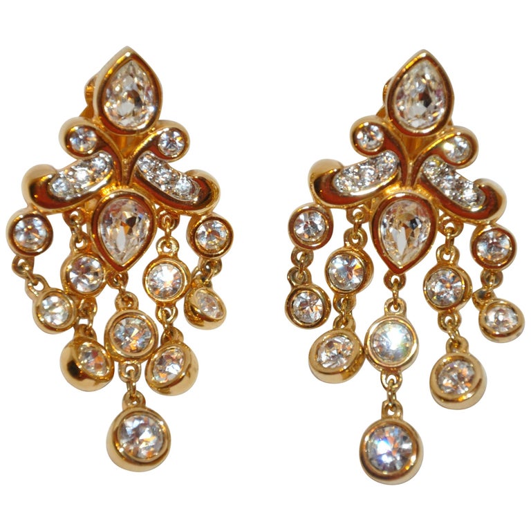 Polished Gilded Gold Vermeil Hardware "Chandelier" Earrings with Faux Diamonds For Sale at 1stDibs