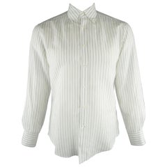 Vintage BRUNELLO CUCINELLI Size L White & Grey Stripe Linen / Cotton Long Sleeve Shirt