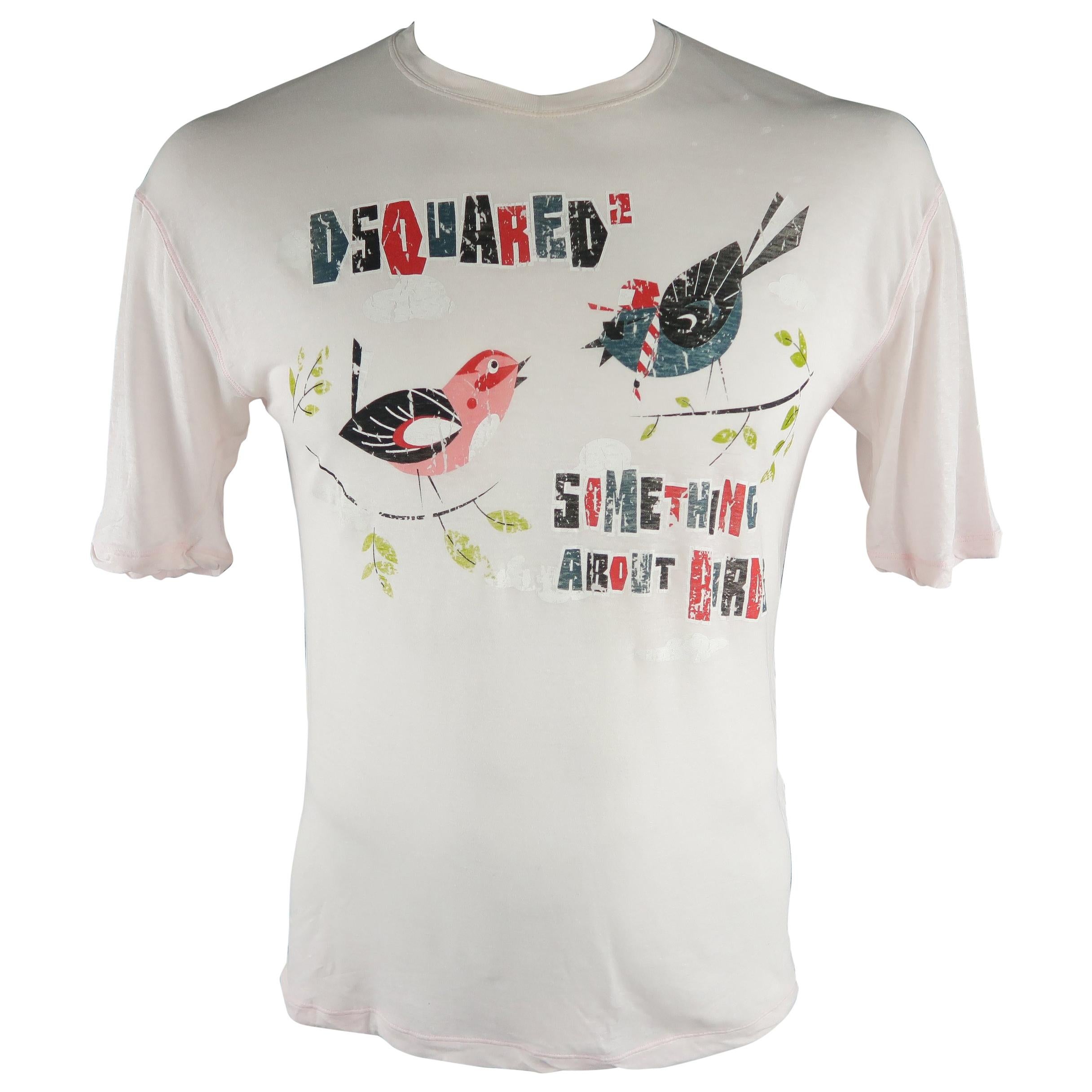 DSQUARED2 Size S Light Pink Graphic "Something about Birds" Cotton T-shirt