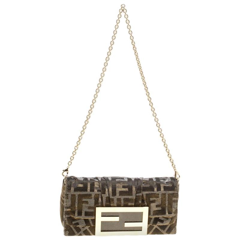 Fendi Metallic Zucca Glitters Baguette Chain Clutch