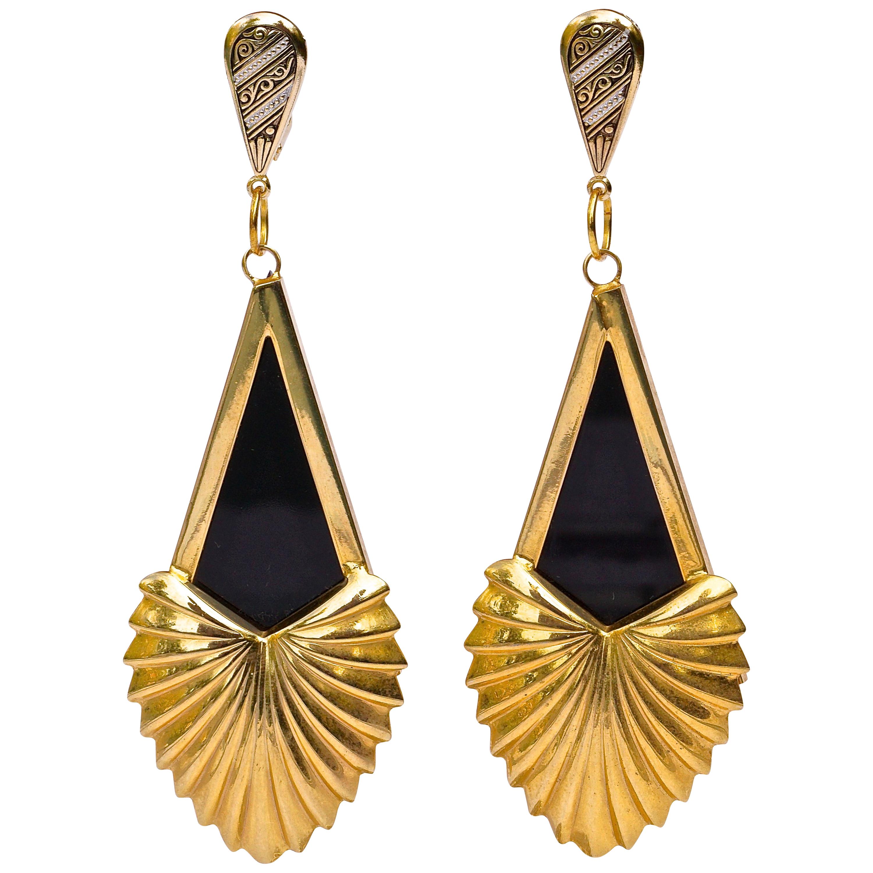 Large Spanish Gold Tone and Black Drop Statement Earrings For Sale