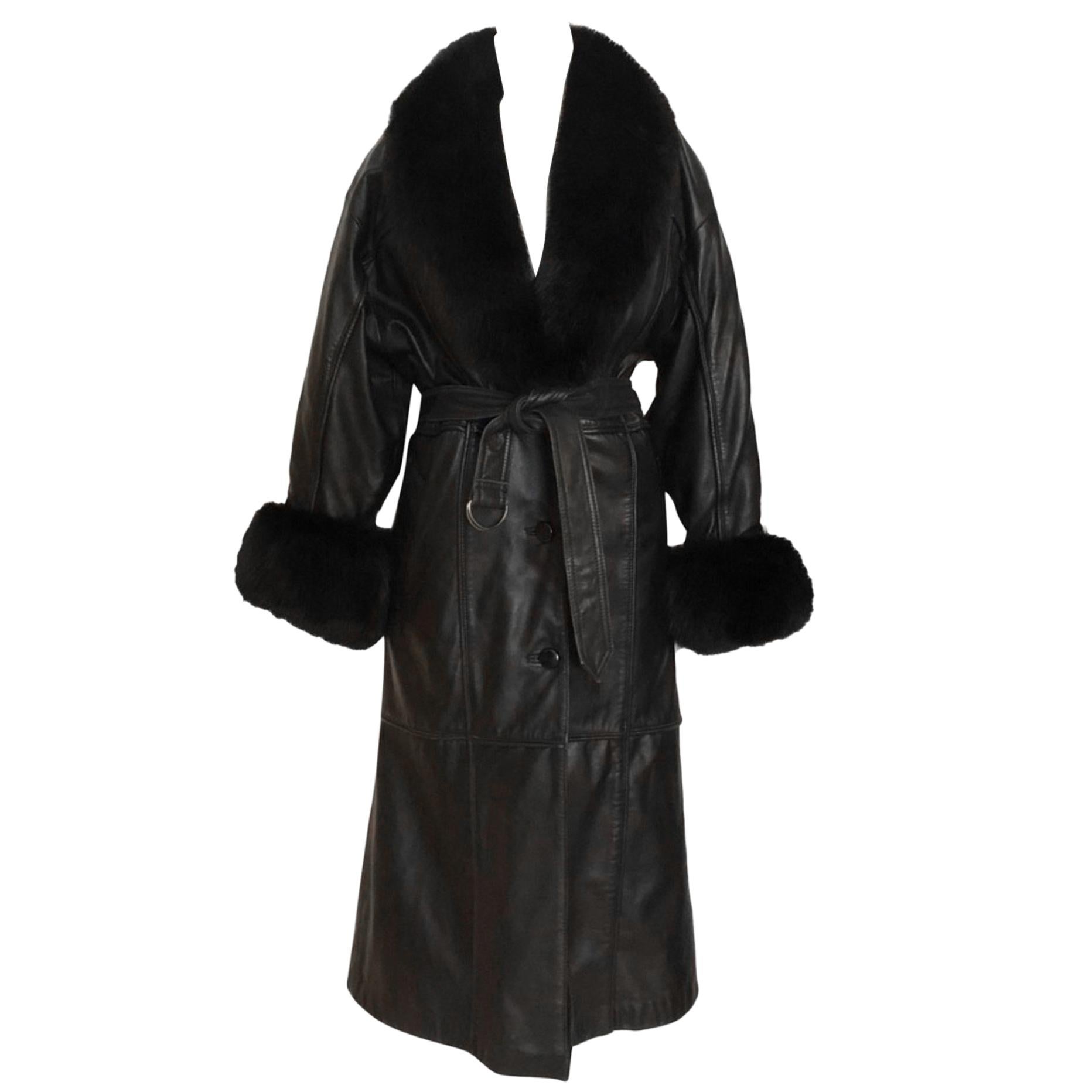  Adolfo Black Leather and Fox Long Winter Coat with Belt For Sale