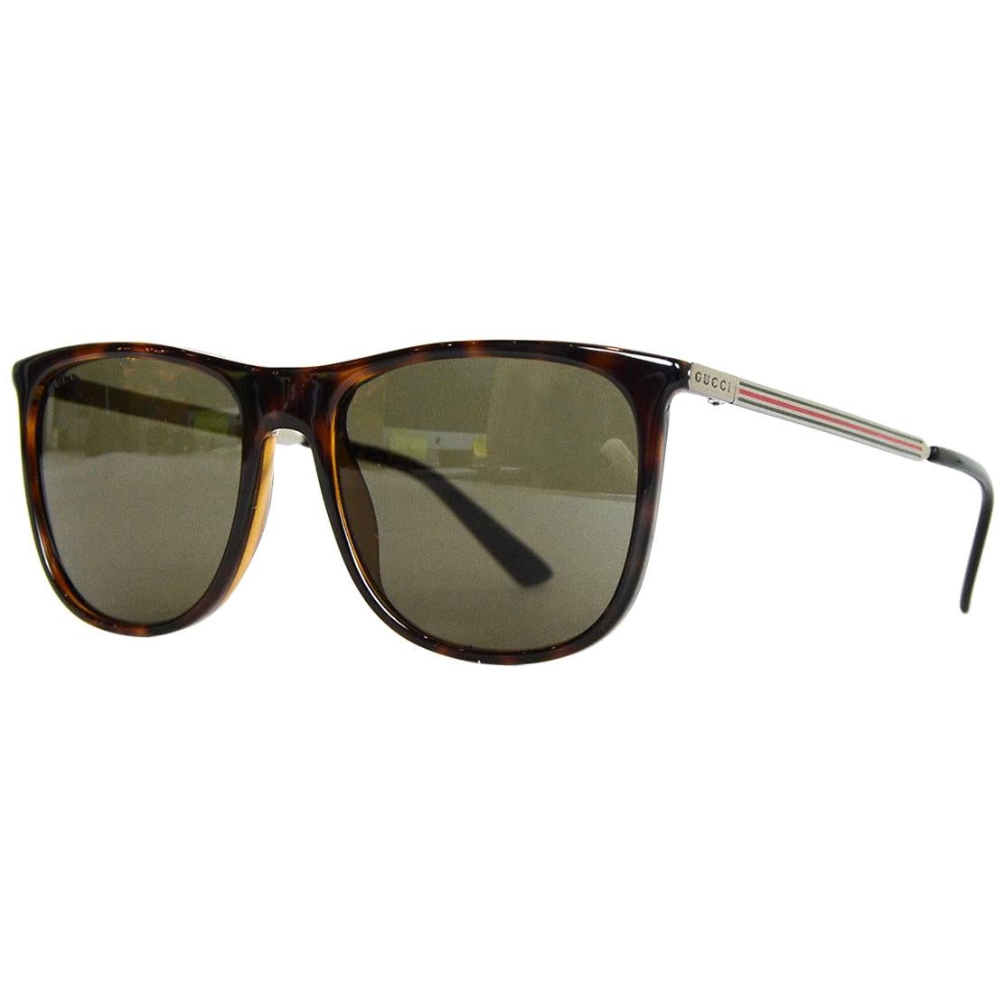 Gucci Brown Square-Frame Acetate Sunglasses W/ Metal Red/Green Arm Web