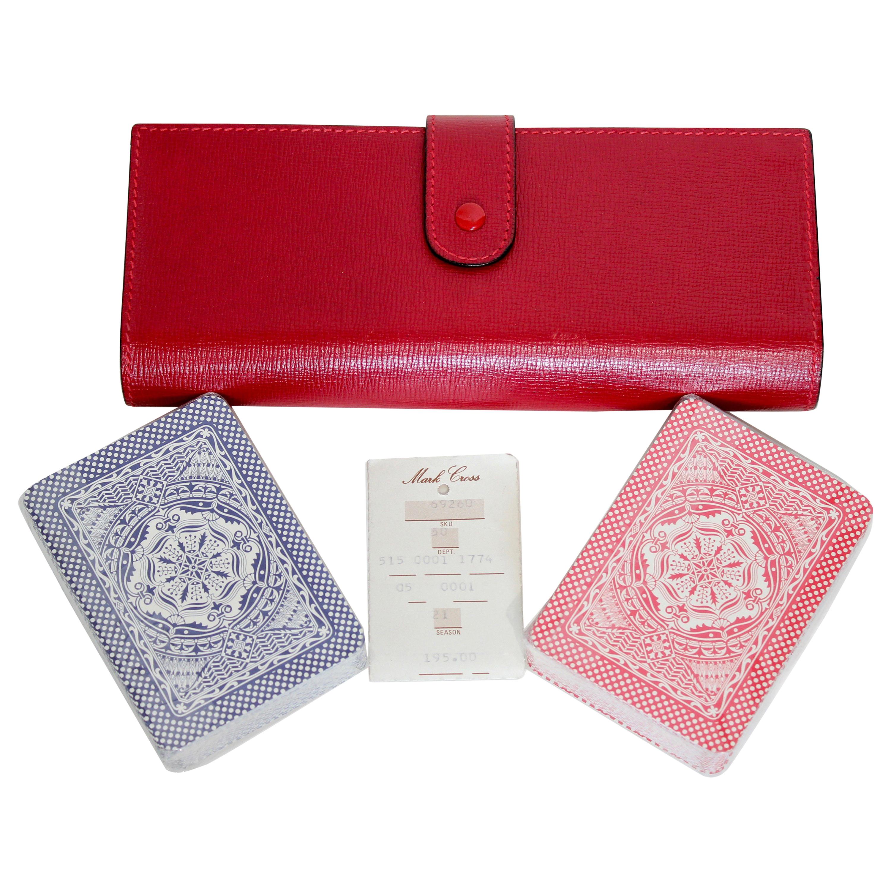 New Mark Cross Red Saffiano Leather Game Set Travel Playing Cards Notepad & Pen 