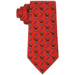 Used HERMES Red Circus Elephant & Mouse Print 5 Fold Silk Necktie Tie 7681 TA