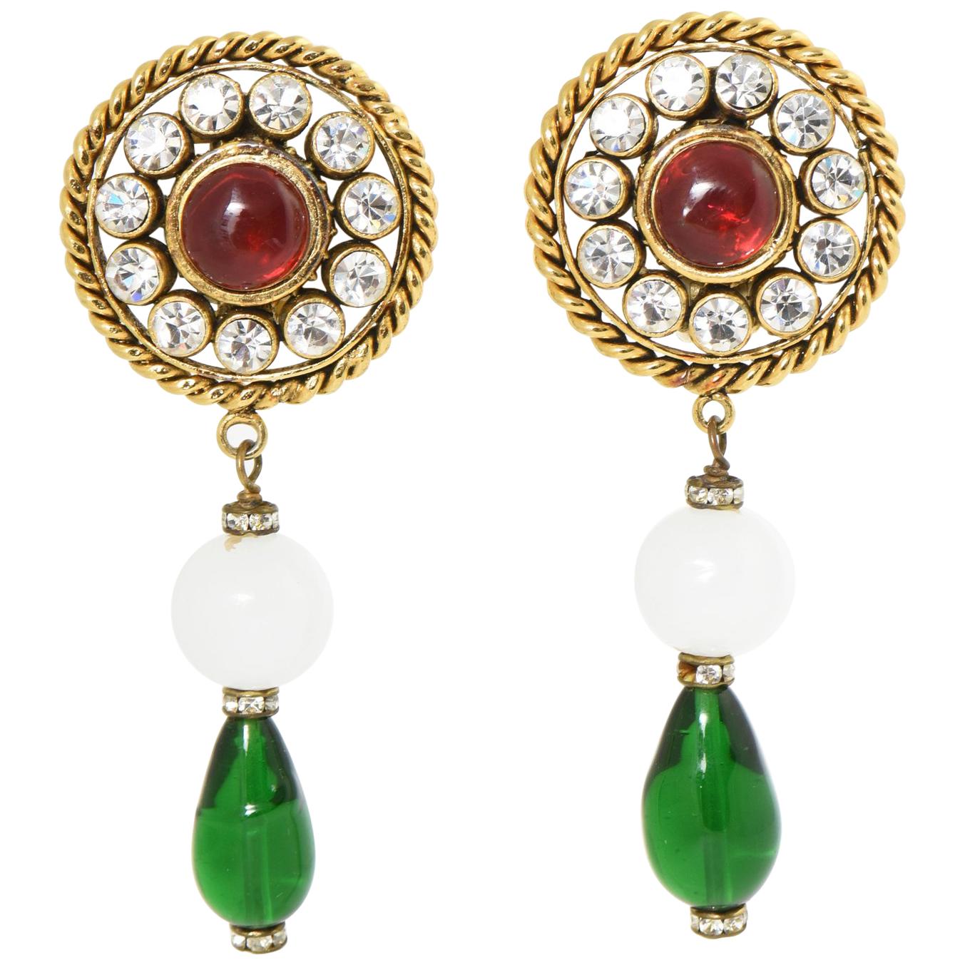 Chanel 1986 Gripoix Pearl Crystal Large Dangle Earrings