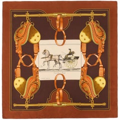 Vintage HERMES Philippe Ledoux c.1973 "Carrick A Pompe" Brown Racing Carriage Silk Scarf