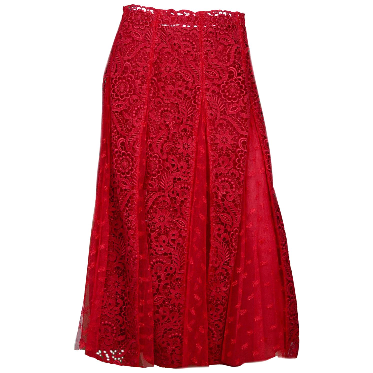 Valentino Red Lace Midi Skirt W/ Slip Sz 6 For Sale at 1stDibs