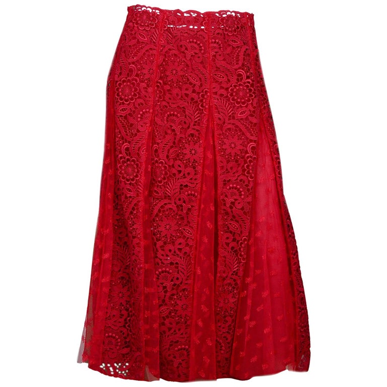Valentino Red Lace Midi Skirt W/ Slip Sz 6 Sale 1stDibs | red lace skirt, valentino red skirt