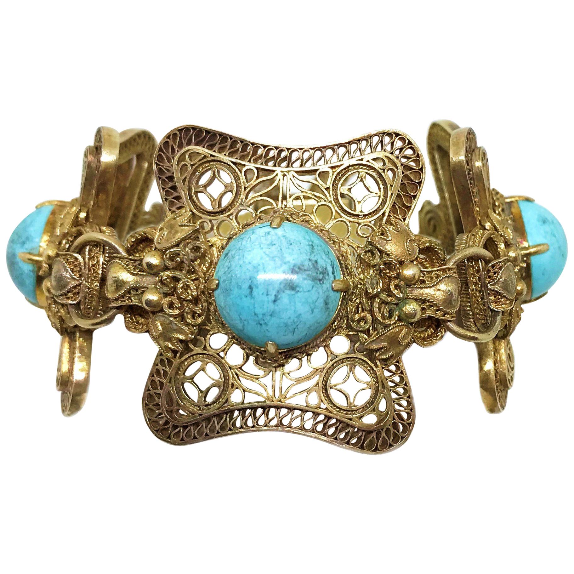 Circa 1960s Chinese Gold Over Sterling Turquoise Dragon Bracelet