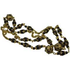 Chanel Gripoix Poured Glass Black Beaded Filigree Chain Necklace