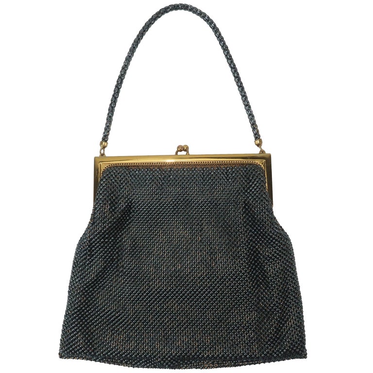 1950’s Whiting and Davis Gunmetal Black and Gold Mesh Evening Handbag