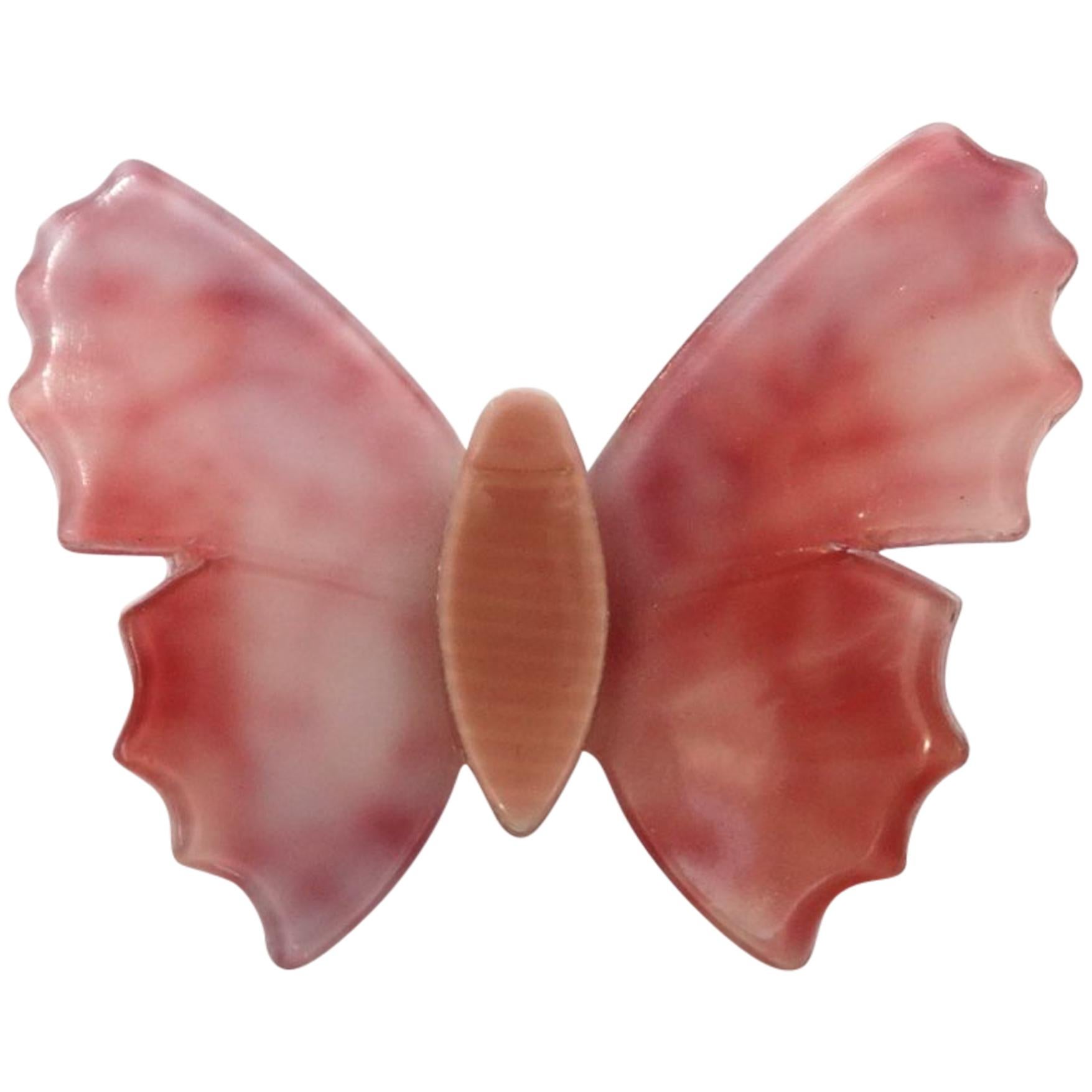 1970s Lea Stein Pink Marbled Butterfly Brooch For Sale