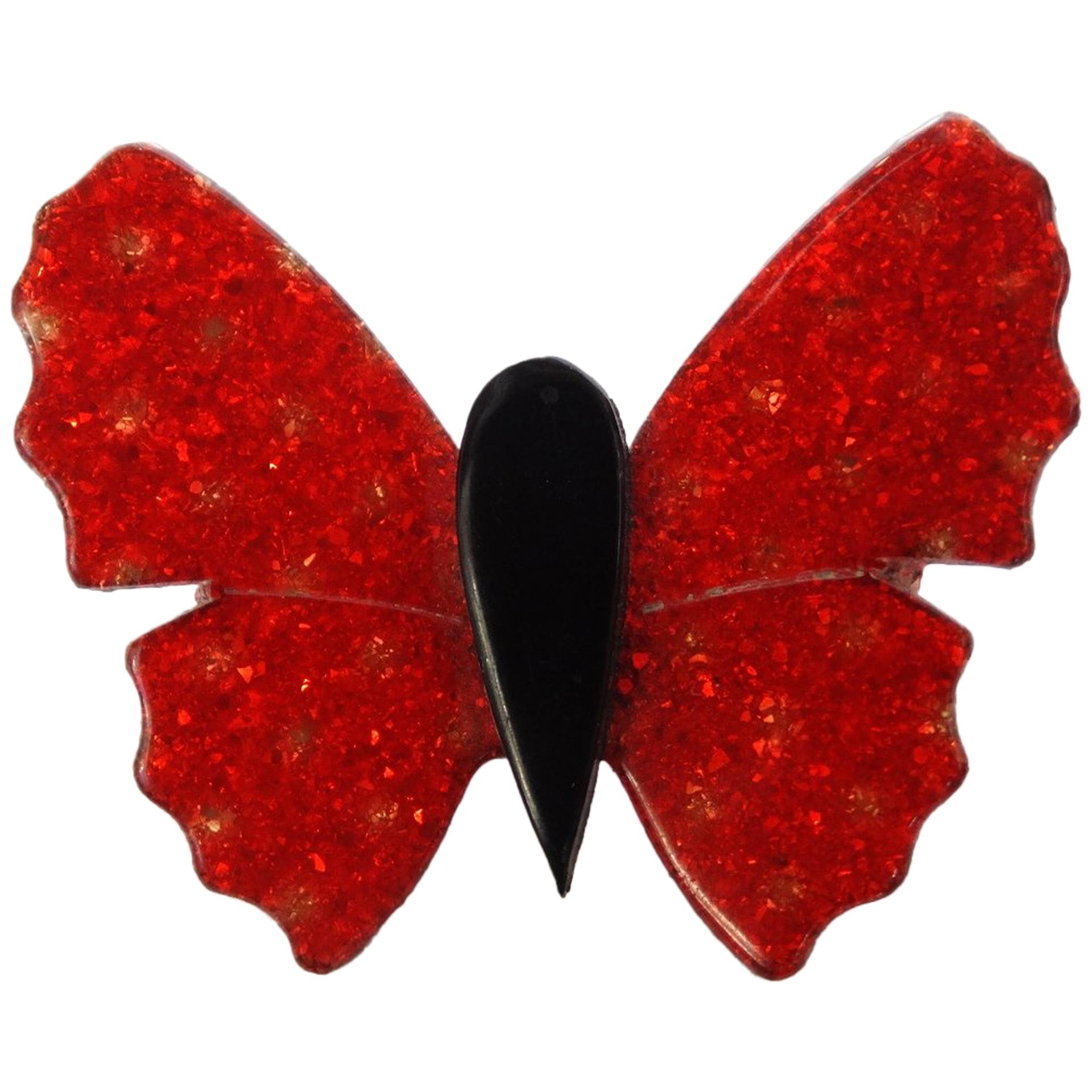 1970s Lea Stein Red Glitter Flake Butterfly Brooch For Sale