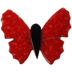 Retro 1970s Lea Stein Red Glitter Flake Butterfly Brooch