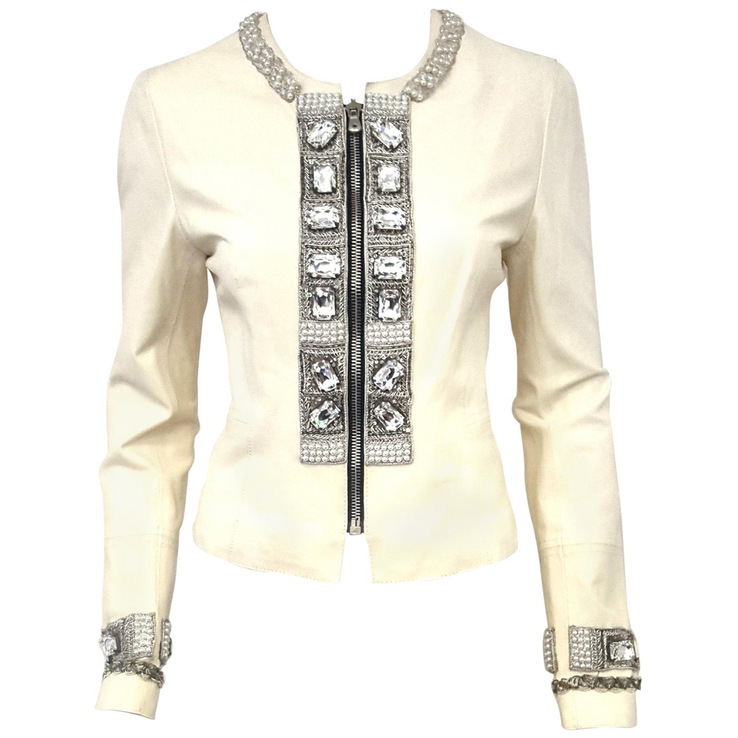 Dolce & Gabbana Ivory Lambskin Leather Crystal Embellished Jacket
