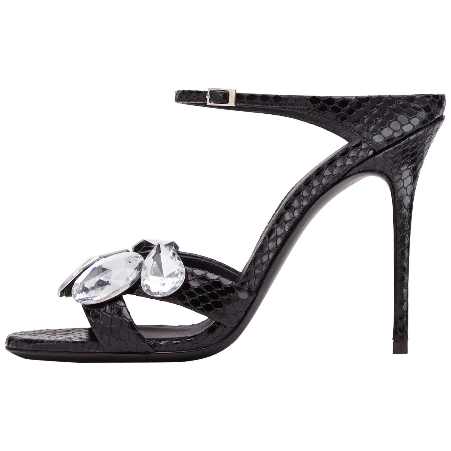 Giuseppe Zanotti NEW Black Leather Crystal Evening Slide In Mules Heels in Box