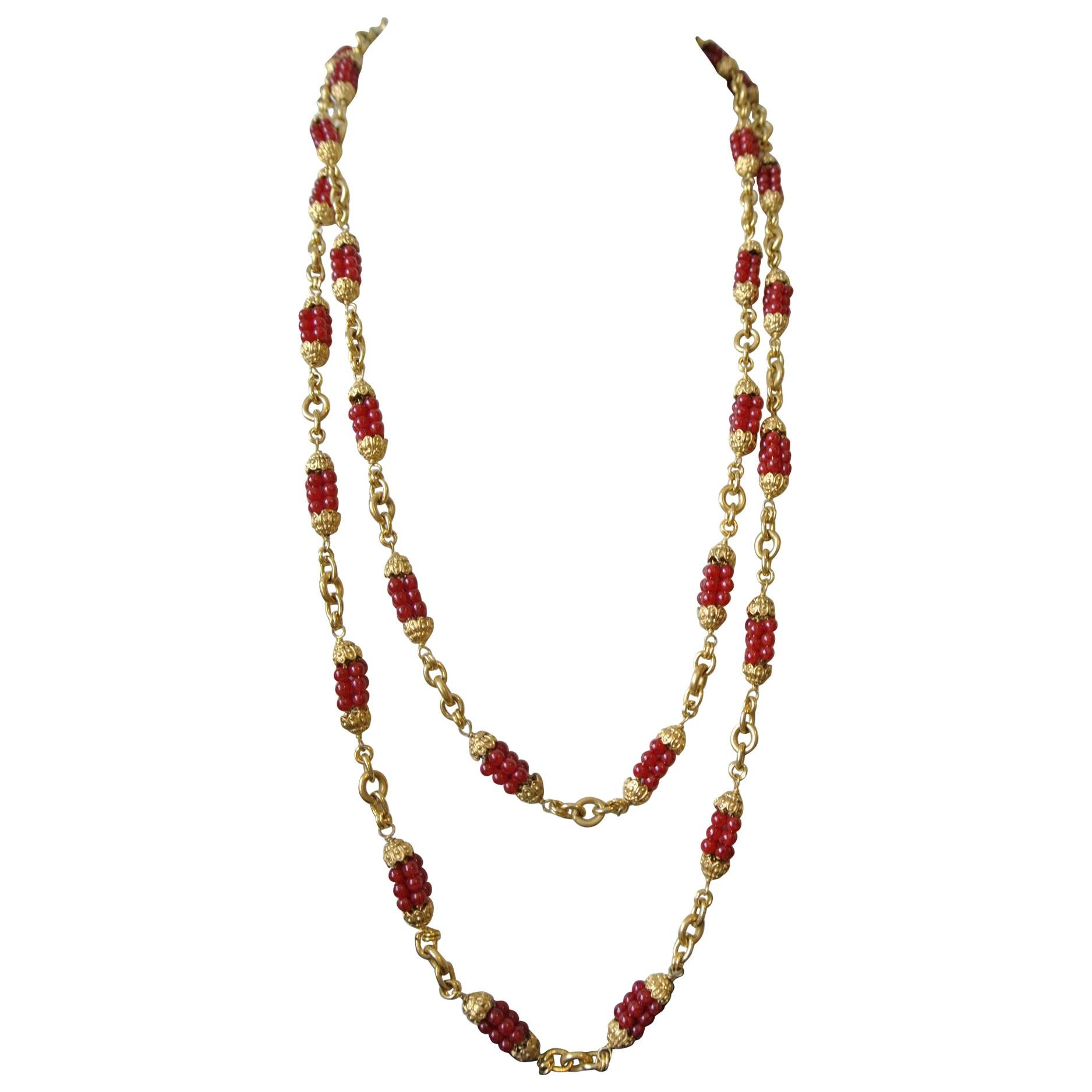 Chanel 1960s by Goossens Red Gripoix Beads Filigree Sautoir Necklace For Sale