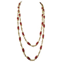 Chanel 1960s by Goossens Red Gripoix Beads Filigree Sautoir Necklace