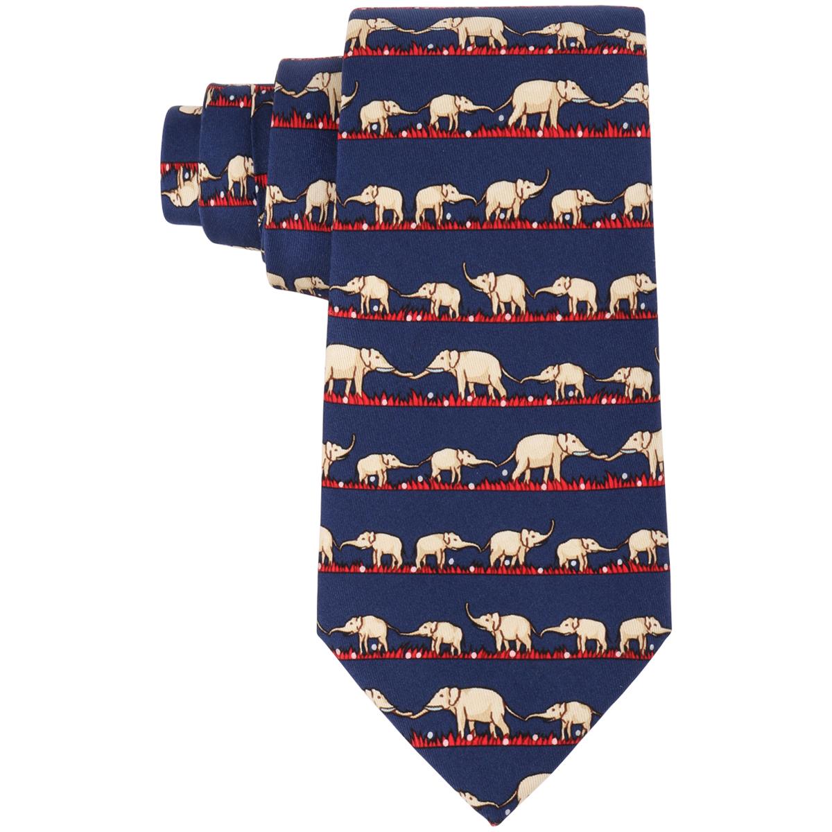 HERMES Navy Blue & Red Elephant Family Print 5 Fold Silk Necktie Tie 7621 TA