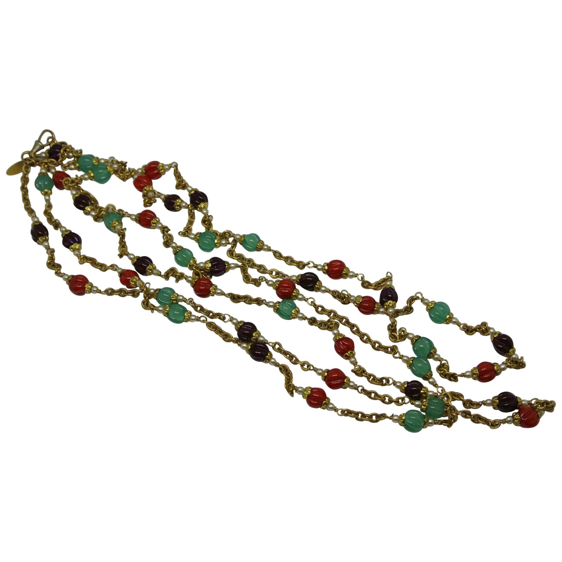 Chanel 1980s Red Green Melon-Cut Gripoix Poured Glass Long Chain Necklace For Sale
