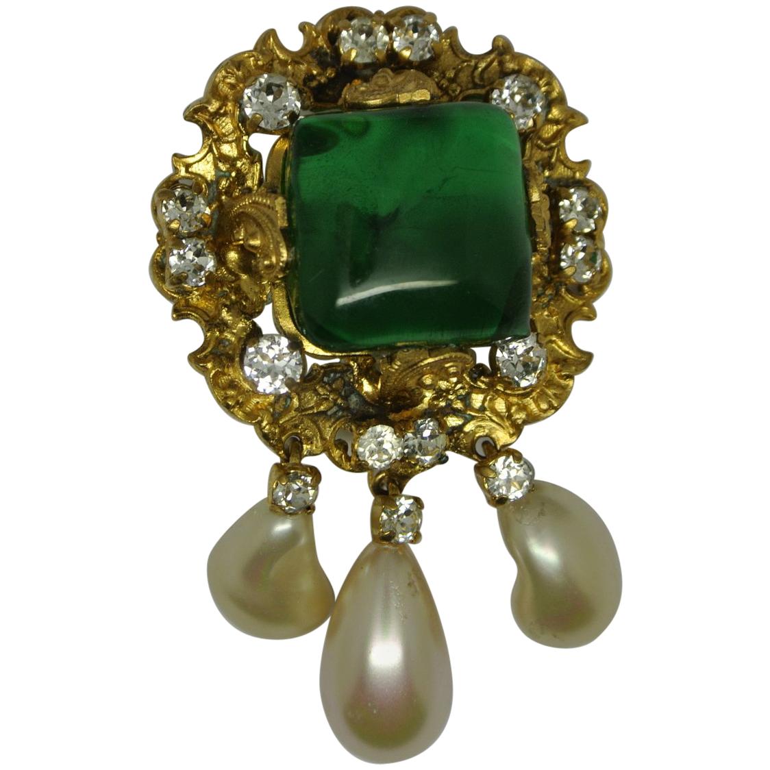 Vintage Chanel Byzantine Green Poured Glass Gripoix Filigree Pearl Drop Brooch For Sale