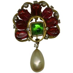 Vintage Chanel Red Green Poured Glass Gripoix Pearl Drop Brooch Pendant