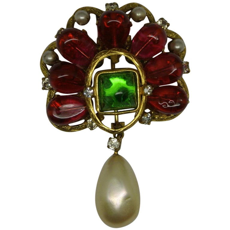 Vintage Chanel Red Green Poured Glass Gripoix Pearl Drop Brooch