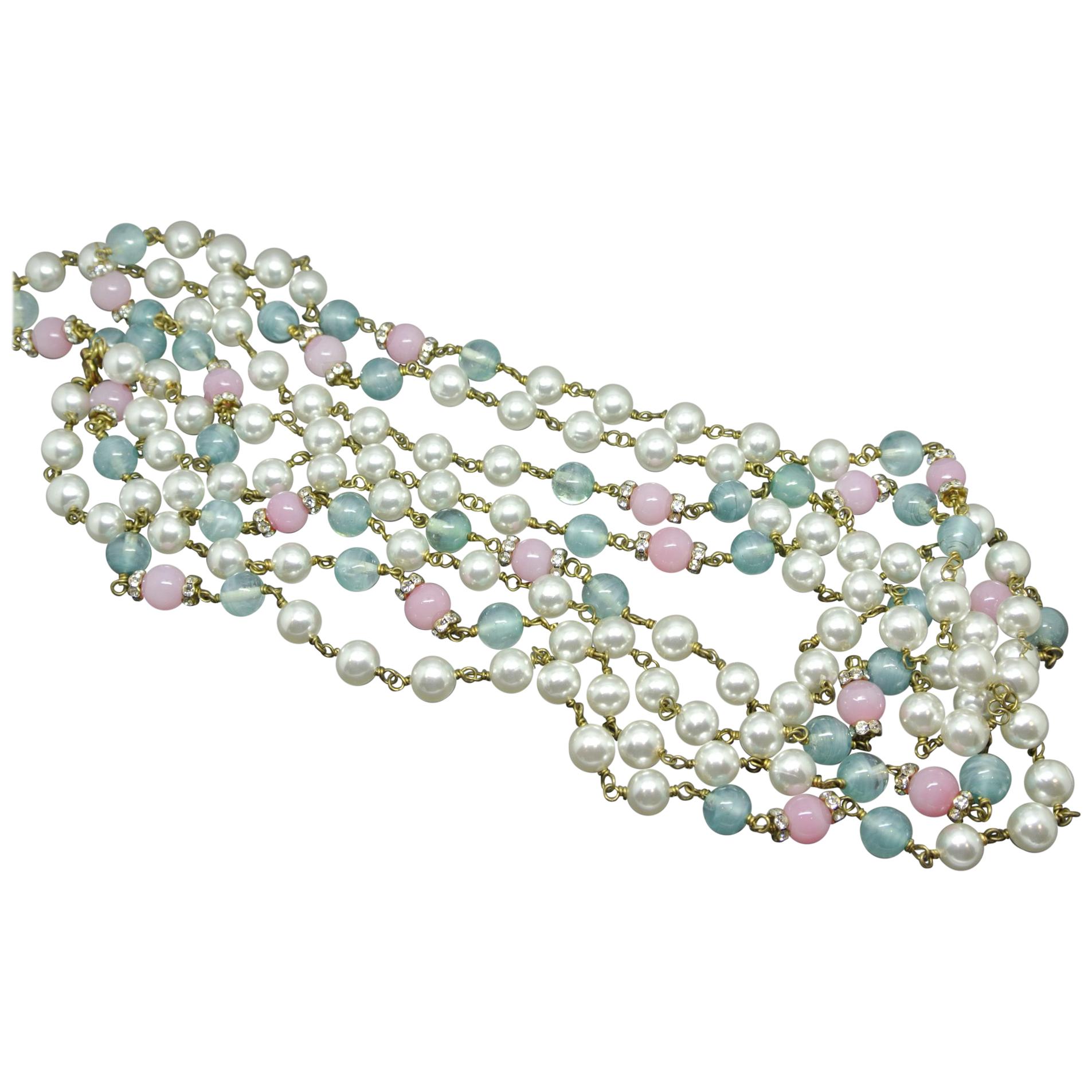 Chanel green pink gripoix poured glass faux pearl long necklace For Sale
