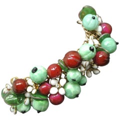 Gripoix 1950s Made in France Red Green Berry Beaded Charms Bracelet