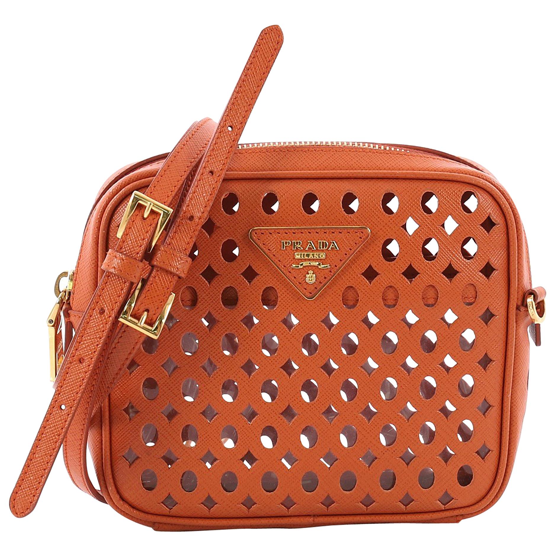 Prada Zip Crossbody Bag Perforated Saffiano Leather Mini