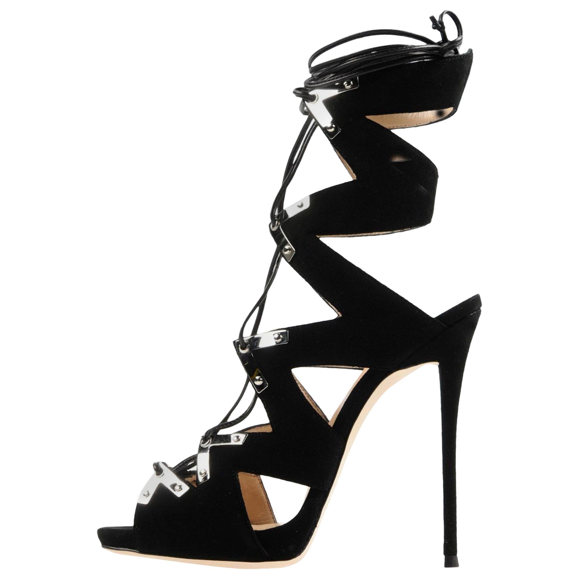 Giuseppe Zanotti NEW Black Suede Metal Cut Out Tie Up Evening Sandals Heels