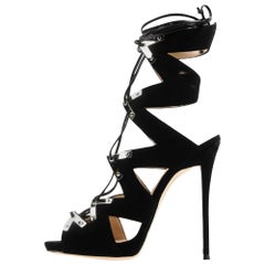 Giuseppe Zanotti NEW Black Suede Metal Cut Out Tie Up Evening Sandals Heels