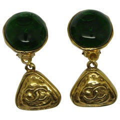 Vintage Chanel Green Poured Glass Logo Drop Earrings