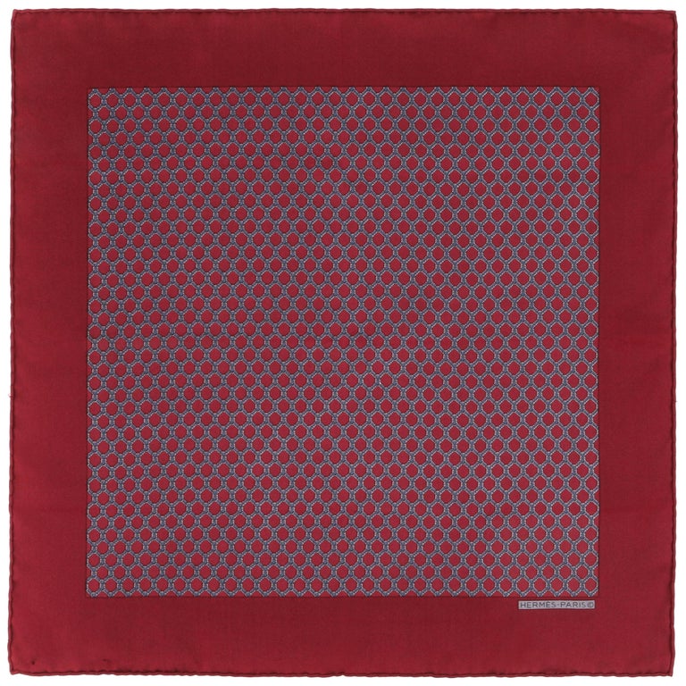 HERMES Burgundy Red Equestrian Belt Print Silk Scarf / Pocket Square at