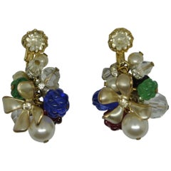 French Vintage Gripoix Poured Flower Glass Drop Earrings