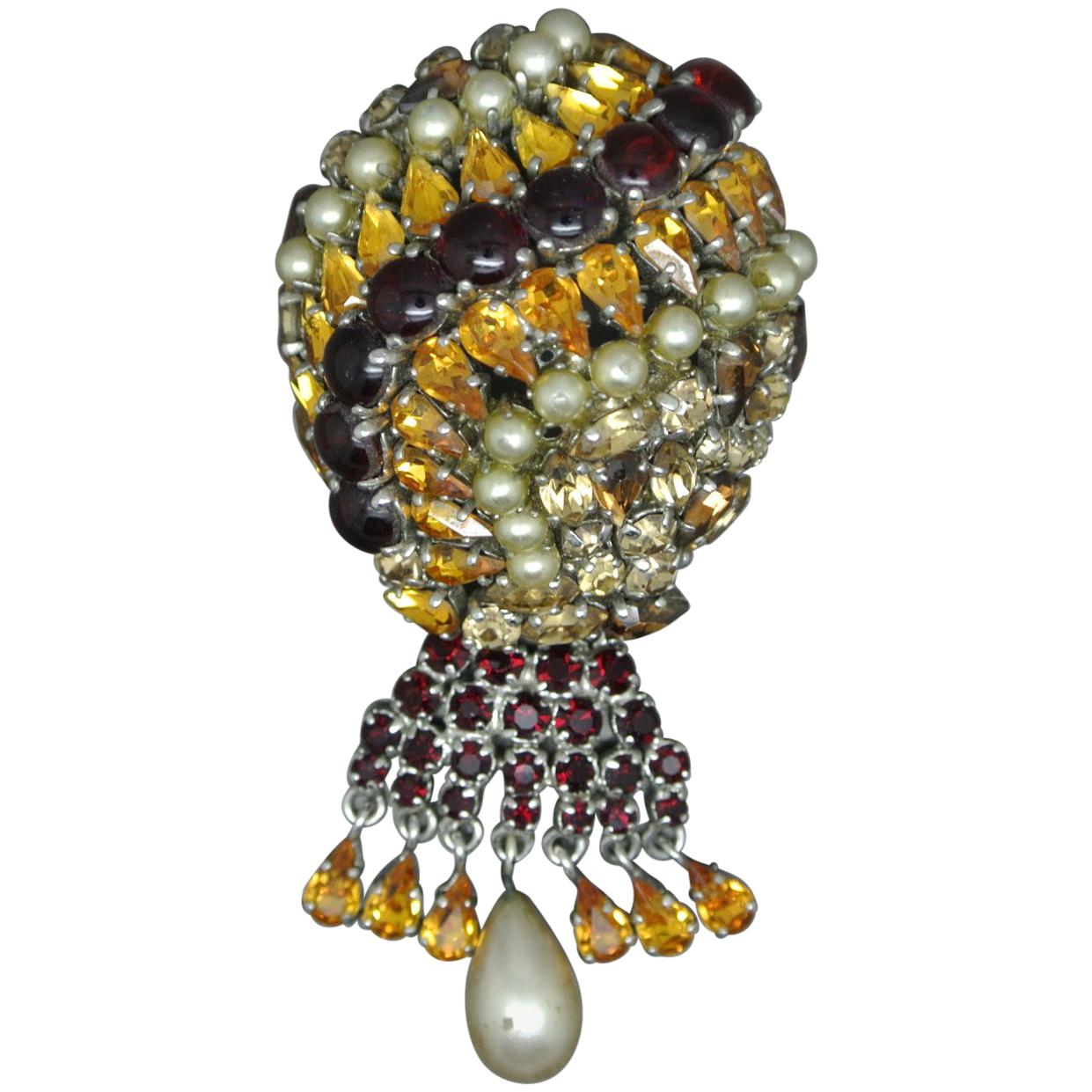 Christian Dior 1962 Red Citron Glass Faux Pearl Drops Balloon Brooch