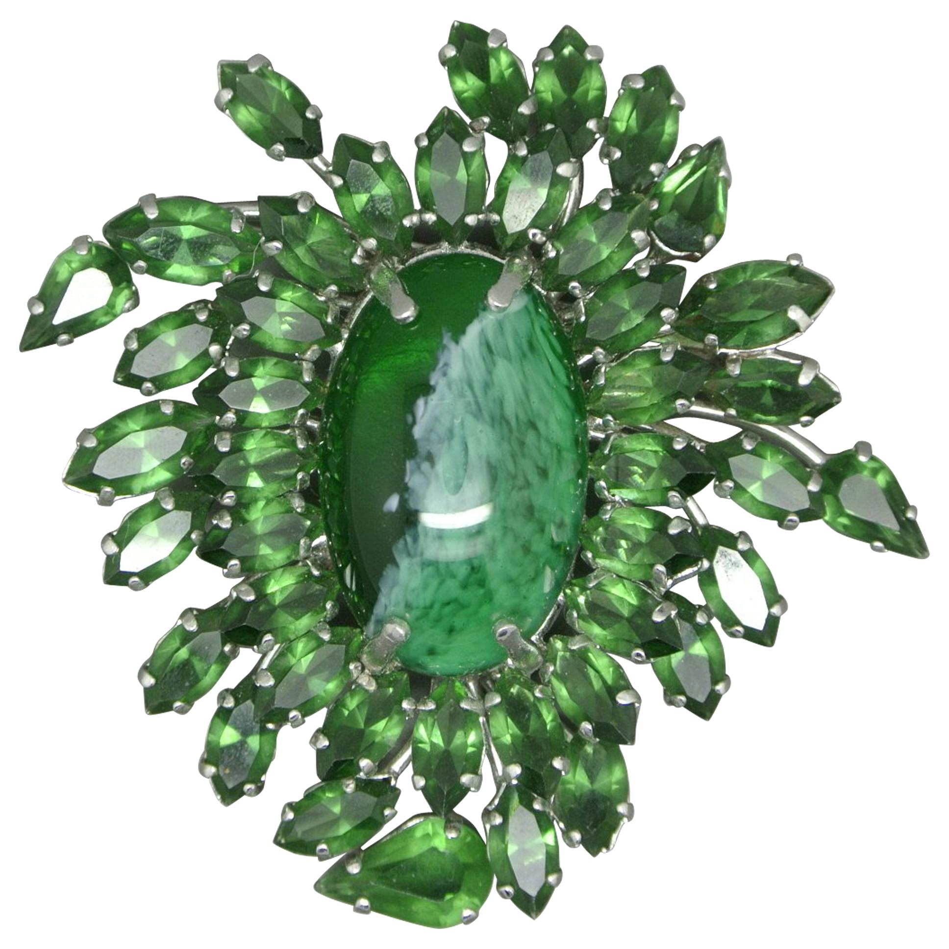 Christian Dior 1961 Green Crystal Large Stone Couture Brooch For Sale